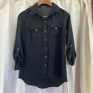 Zac & Rachel Button Up‎ Shirt Top Petite Small Black Roll Tab Long Sleeve
